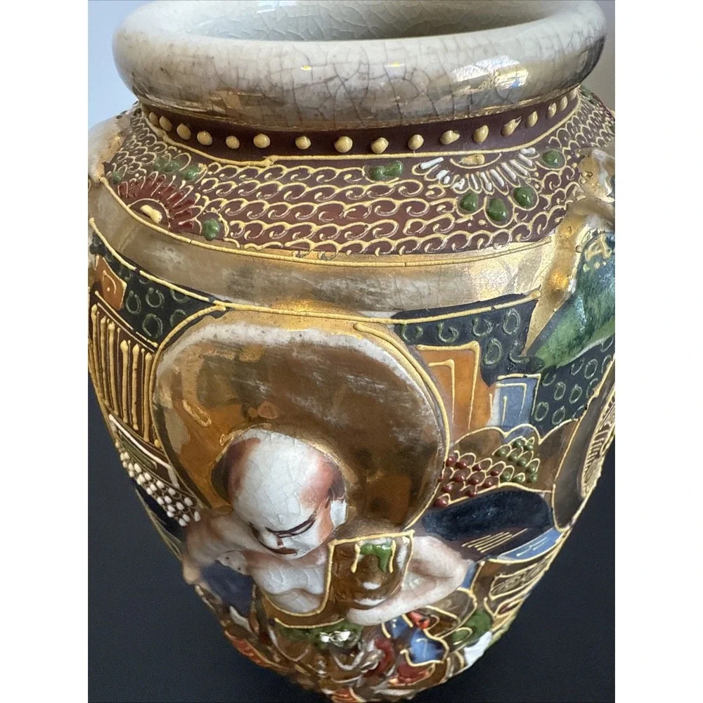 Antique Japanese Intricate Raised Enamel Moriage Satsuma Vase 6 Immortals Dragon